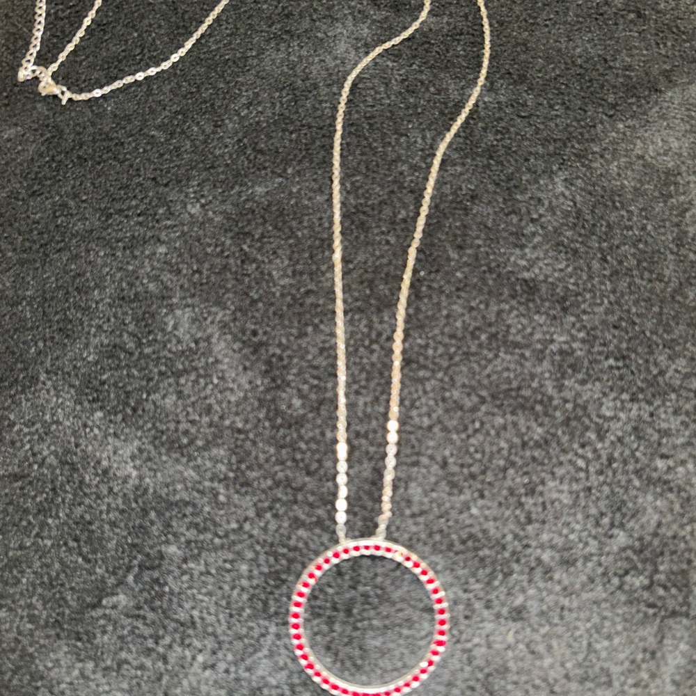 Elegant Silver Necklace with Red Crystal Accents, 38"
